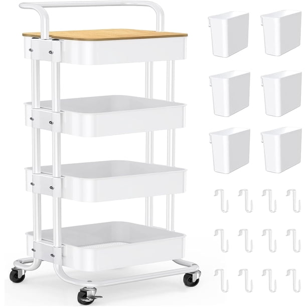 de Almacenamiento de Metal, Carro de Servicio Multiusos de 4 Nivel, Cesta de Almacenamiento,Marco de Acero,con Mango,Organizador con Rueda y 2 Rueda Cerradura,para Cocina, Salón, Baño (Blanco)