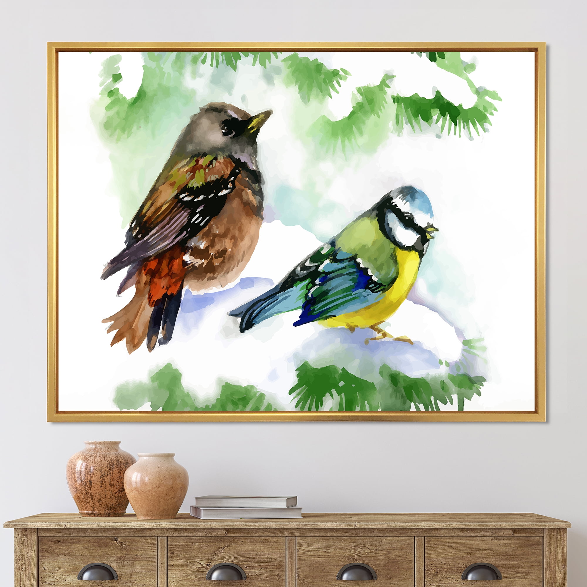 Designart 'Forest Birds Sitting On Snowy Fir Tree Branch' Traditional Framed Canvas Wall Art Print