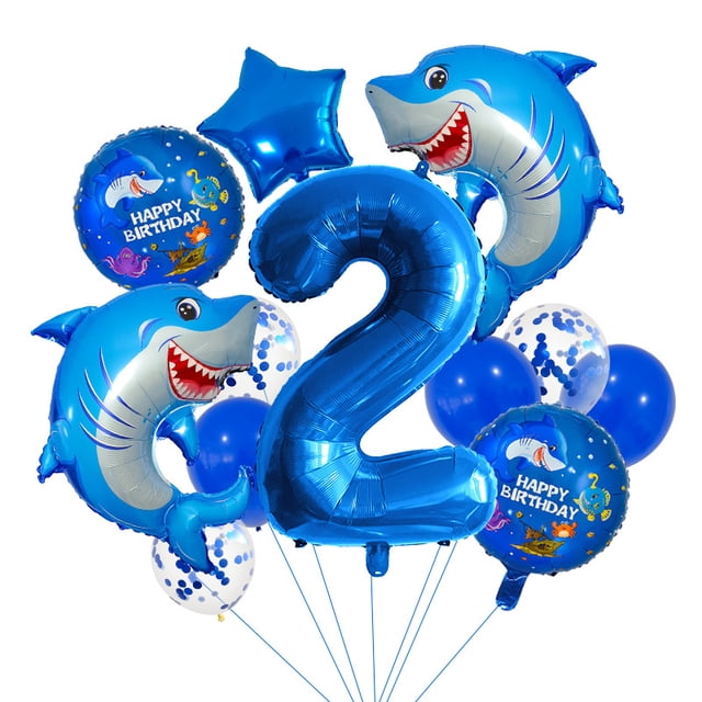 Set de globos con diseño de tiburón, número 2, para fiesta de cumpleaños