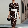 thumbnail image 2 of Women's Vintage Polka Dot Midi Dress, Crew Neck 3/4 Sleeve Self Tie Waist Slim Bodycon Knee-Length Pencil Dress Coffee L(L), 2 of 6