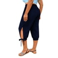 thumbnail image 4 of Women High Waisted Capri Pants with Pockets Tie Knot Straight Leg Cropped Trousers Summer Casual Beach Vacation Pull on Elastic Waist Crop Pants, Navy, 4XL, 4 of 6