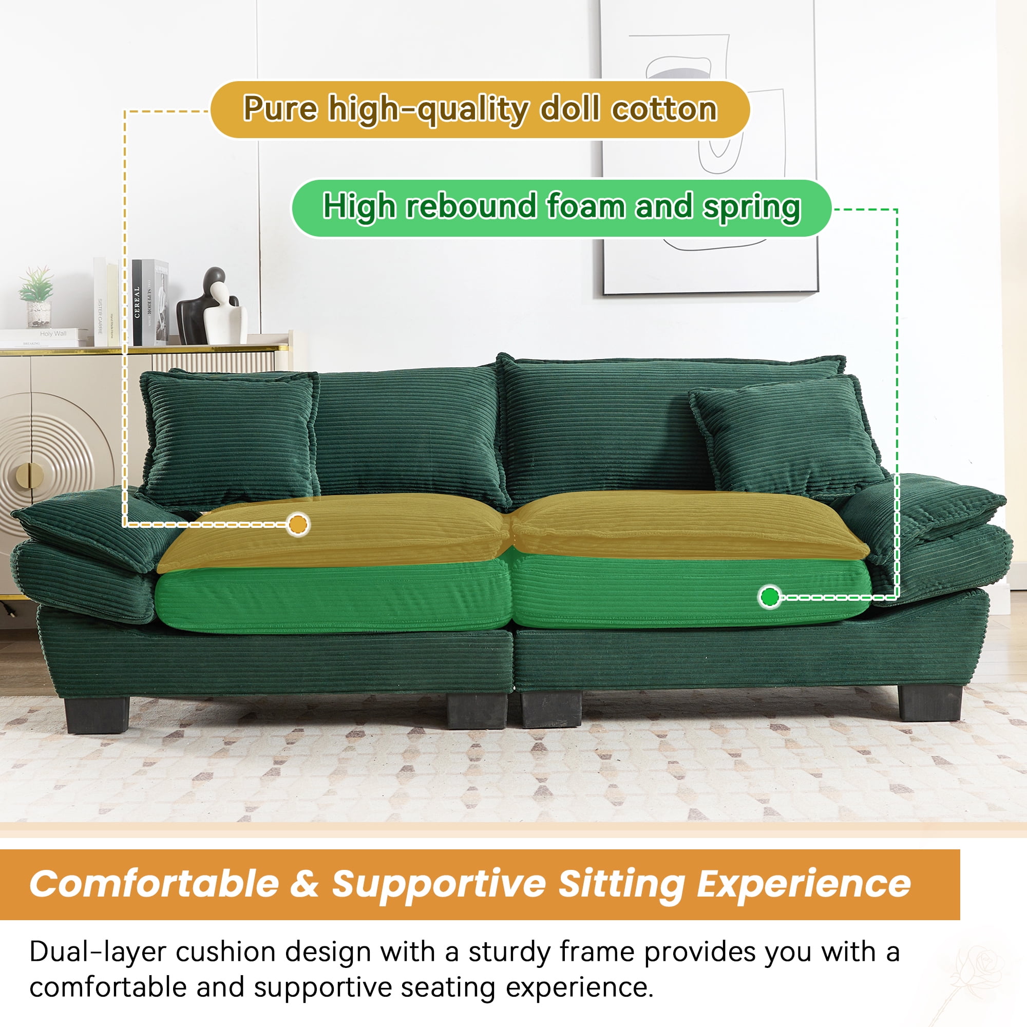 Dinosisco 84"L Deep Seat Sofa, Corduroy Upholstered Sleeper Couch for Living Room, Green