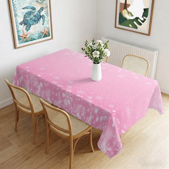 Waterproof Tablecloth Winter Snowflake on Pink Rectangle Table Cloth 60x84in,Wipeable Washable Table Cover Christmas Floating Snowflakes Tablecloths for Dining Tables Kitchen Picnic Outdoor Party