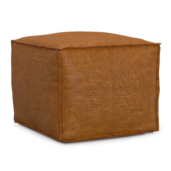 Simpli Home Brody 18 inch Wide Boho Square Pouf in Tan Genuine Leather
