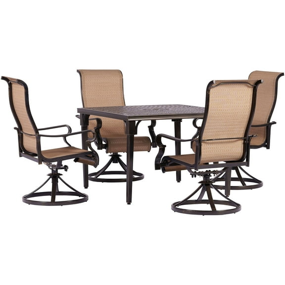 Hanover Brigantine 5-Piece Modern Outdoor Dining Set | 4 Contoured Swivel Rocker Chairs | 42'' Square Cast-Top Table | Weather, Rust, UV Resistant | Tan/Bronze | BRIGDN5PCSWSQ