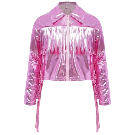 iiniim Girls Shiny Metallic Fringe Jacket Long Sleeve Sparkly Dance Tassel Jacket Coat Hip Hop Jazz Clothes Pink 6