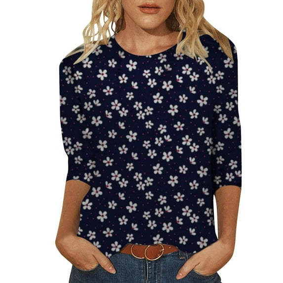 nsendm Women Shirts Casual Summer Plus Size Summer Women's Round Neck Seven Point Sleeve T Shirt Small Flower Print Fit T Shirt Casual Soft And Comfortable Tops D L