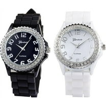 White Black 2 Pack Quartz Classic Crystal Rhinestone Large Face Watch with Silicone Jelly Link Band