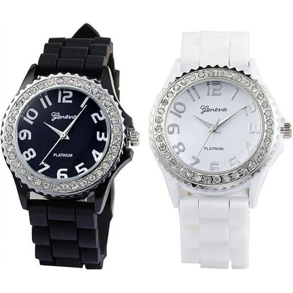 White Black 2 Pack Quartz Classic Crystal Rhinestone Large Face Watch with Silicone Jelly Link Band