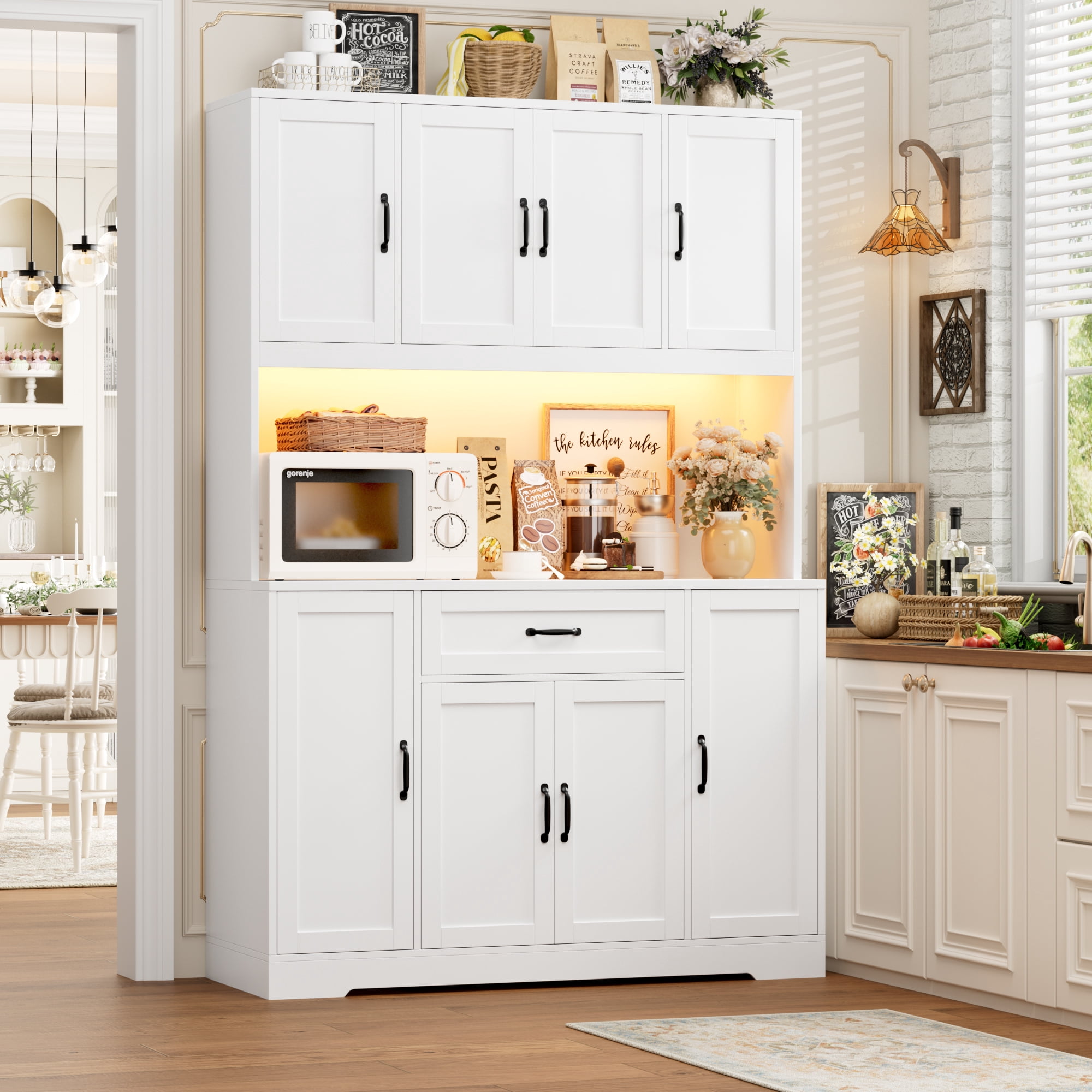 Homfa 70'' Tall Kitchen Pantry Cabinet with Charge Station & Led Light, 8 Door Hutch Storage Cabinet with Storage Drawer & Adjustable Shelves & Microwave Stand, White