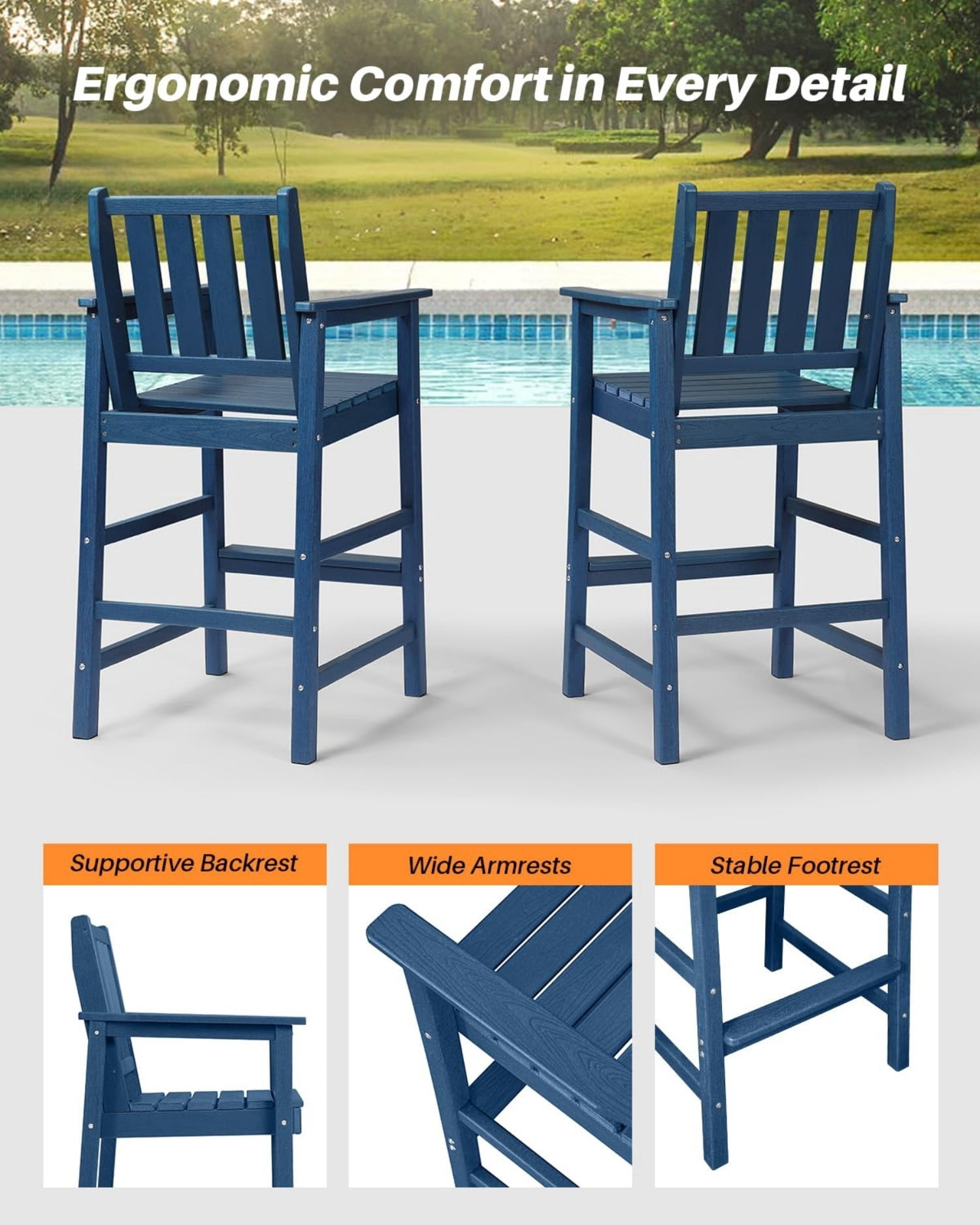 Adirondack Bar Chair Set of 2, HDPE Outdoor Bar Stools with Footrest, All Weather Adirondack Bar Height Chairs for Patio, Balcony, Porch, Deck, Poolside, Navy