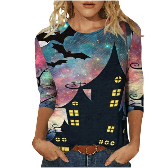 Fiaer,Halloween 3/4 Sleeve Womens Tops,Women's Oversized Halloween Printed T Shirts,Ladies Crew Neck Loose Fit Trendy Tshirts Pink XL