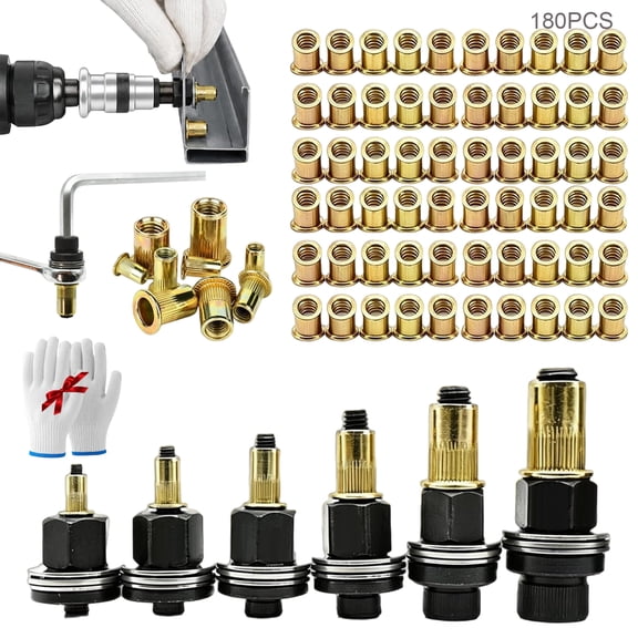 Professional Carbon Steel Rivet Nut Tool Set, Head Rivet Nut Tool, 6 Rivet Nuts Pliers and 180 Press-In Nuts Kit for Automotive Repair (M3-M10, B)