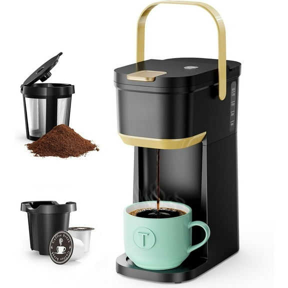 Single Serve One Cup Coffee Maker, for K Cups and Grounds, Mini Coffee Maker with Portable Handle, 6 to 12 Oz Brew Size, for Travel, Camping, Office