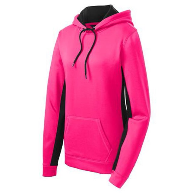 Pull à Capuche en Polaire Colorblock pour Femmes, Rose Néon/noir - Moyen