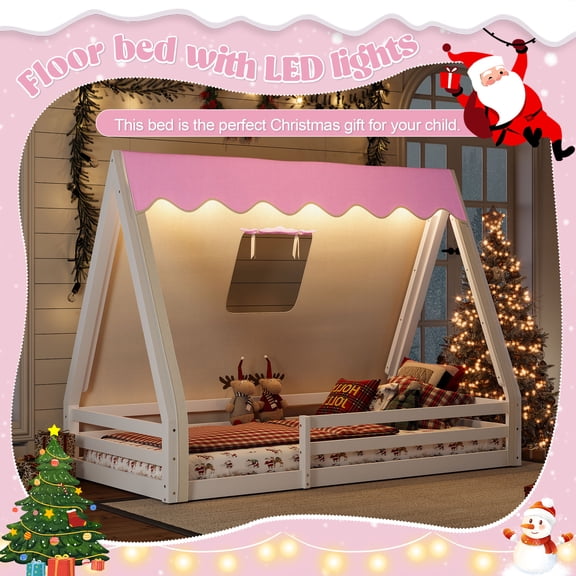 Eyisean Twin Size Low-Profile Floor Bed Frame, Wooden House Bed with Tent & Light Strip, Safe Teepee Beds Frame with Full-length Guardrails, Montessori Design for Bedroom, Easy Assembly