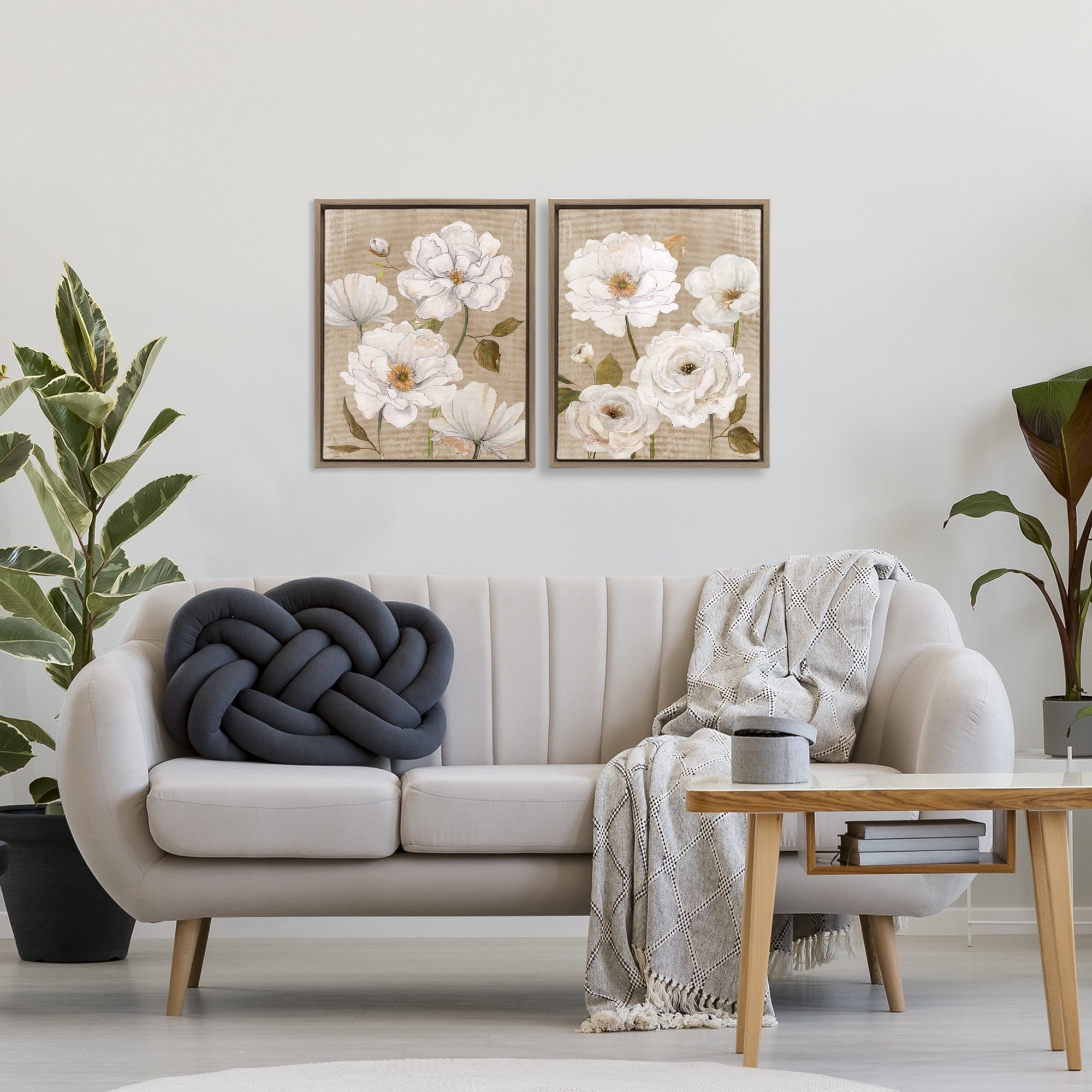 Stupell Industries White Blooms over Neutral 2 Piece Brown Framed Floater Canvas Set, design by Carol Robinson