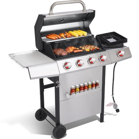 4 Burner BBQ Grill with Side Stove, 3-in-1 Propane Gas Grill with Cast Iron Grill Grate Removable Griddle Plate & Charcoal Pan, 448 SQ.IN. Stainless Steel
