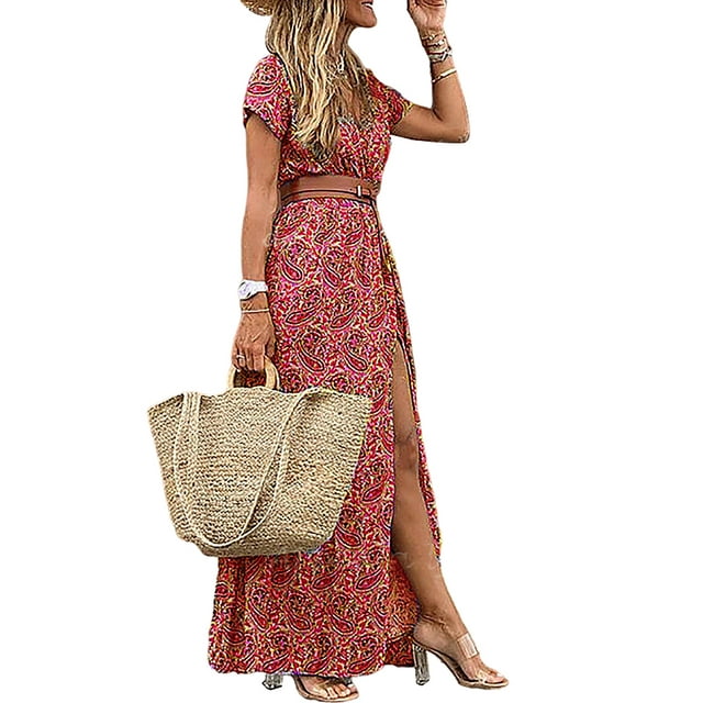Bellella Robe Longue Femme Col en V Maxi Robes Manches Courtes Été Plage Robe Vintage Imprimé Floral Dames Rouge m