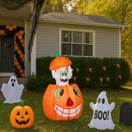 UBesGoo 2.8' Halloween Inflatables Animated Pumpkin Ghost, Outdoor Decorations Blow Up Yard Decor Built-in LEDs for Indoor Party Garden Lawn Decor