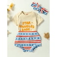 thumbnail image 4 of Aojekbee Independence Day Baby Girls Outfit Letter Print Short Sleeve Jumpsuit and Elastic Star Stripe Shorts Headband Set, 4 of 10
