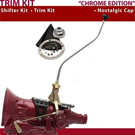American Shifter C6 Shifter Kit Chrome 23 in. Swan Trim Kit Push Button Cap Black Boot Ringed Knob for DDE24