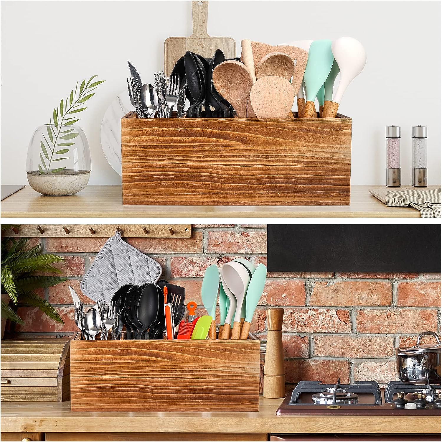 Extra Large Utensil Holder, 4 Sections Wooden Utensil Organizer 