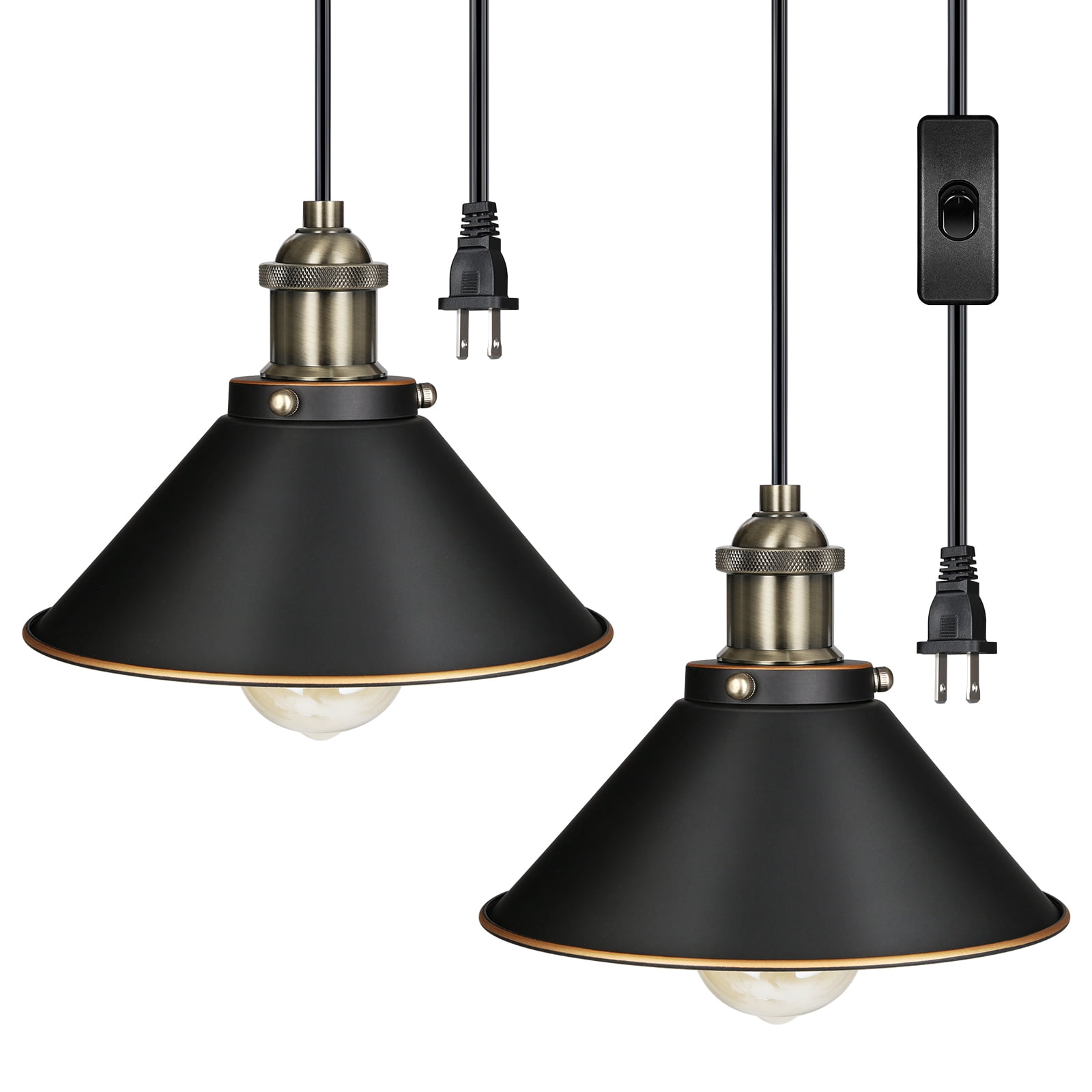 DEWENWILS 2-Pack Industrial Metal Black Pendant Light Plug in, Indoor Ceiling Hanging Light, 15FT Adjustable Cord with On/Off Switch
