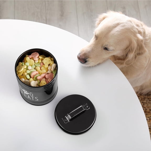 Airtight Dog Treat Jar Metal Dog Treat Canister with Handle Lid Black Round Pet Snack Storage Tin For Countertop Pantry Organization