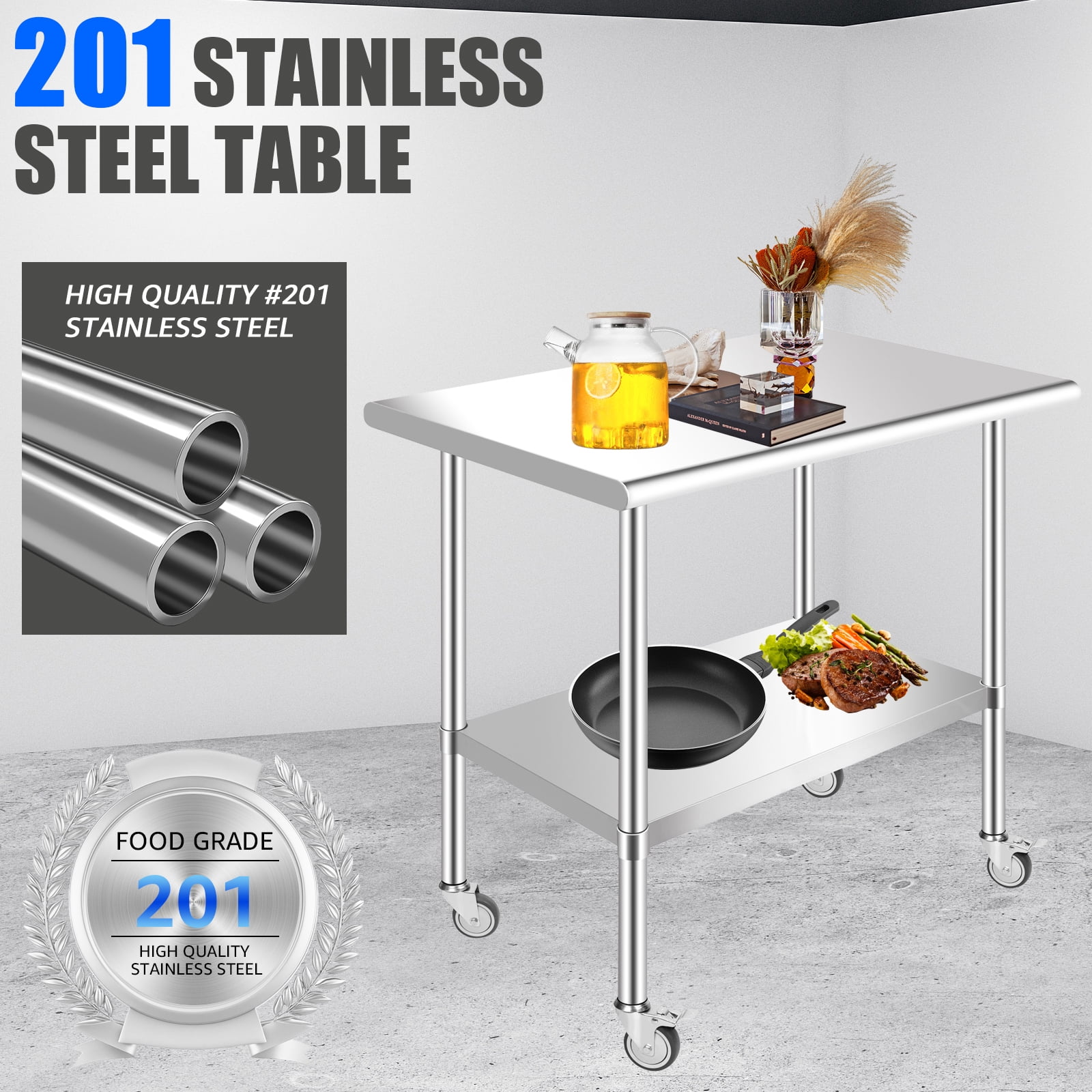 Jacgood Stainless Steel Prep Table, 36 x 24 x 35 inch, 360lbs Load Capacity Heavy Duty Metal Worktable with wheels and Adjustable Undershelf, Commercial Workstation for Kitchen Restaurant