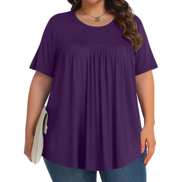Puntoco Blusas cortas de liquidación para mujer, blusas casuales de moda para mujer, tallas grandes, manga corta, lisas, cuello redondo, dobladas