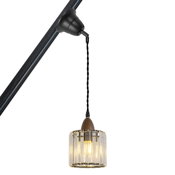 KAYYELAMP Tilt Position Track Light J-Type Walnut Base Crystal Shade Adjusted Cord Vintage Pendant Light for Inclined Position Roof(No Bulb, Track)