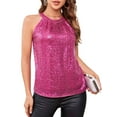 thumbnail image 2 of Sequin Halter Tops for Women Sleeveless Sparkly Shiny Tank Tops Ruched Flowy Sparkly Party Shirt Rose Red L, 2 of 7