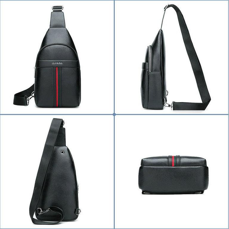 Amerteer Men's Leather Sling Bag,Chest Shoulder Backpack, Water waterproof Crossbody  Bag with Headphone Hole for Travel, Hiking,Cycling (Black) 