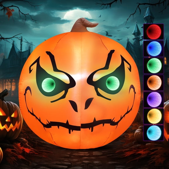 5FT Halloween Inflatable Pumpkin with 3D Infinity Mirror Tunnel Light, Dual Flash Modes, 7-Color RGB Eyes Waterproof Blow Up Yard Decoration Halloween for Garden Party
