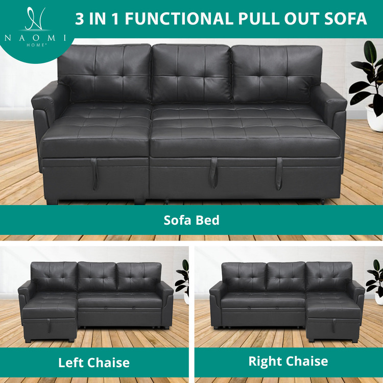 78 in. W Convertible Sleeper Sectional Sofa, L Shaped Couch for Small Space Living Room, Storage Chaise, L Shaped Pull Out Sofa - Black,Air Leather