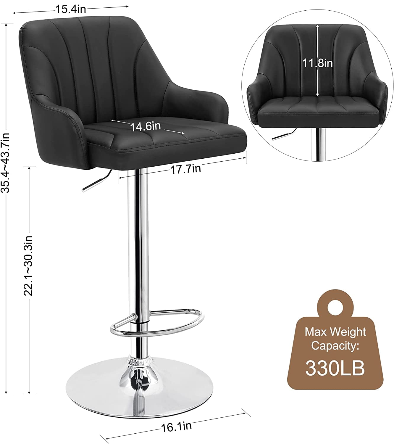 VECELO Set of 2 Swivel Bar Stools, Adjustable Counter Height Barstools Faux Leather Chair with Backrest and Armrest, Black