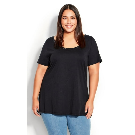 Avenue Women's Plus Size Swing Trim Top Short Sleeves Scoop Neck - Black