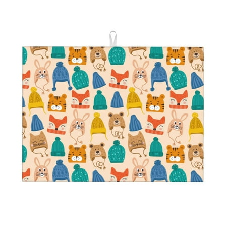 

Zeuib Small Animals with Knit Hat Pattern Dish Drainer Kitchen Counter Kitchen Drying Mat Heat Resistant Drainer Mats Easy to Clean Dish Rack Pad