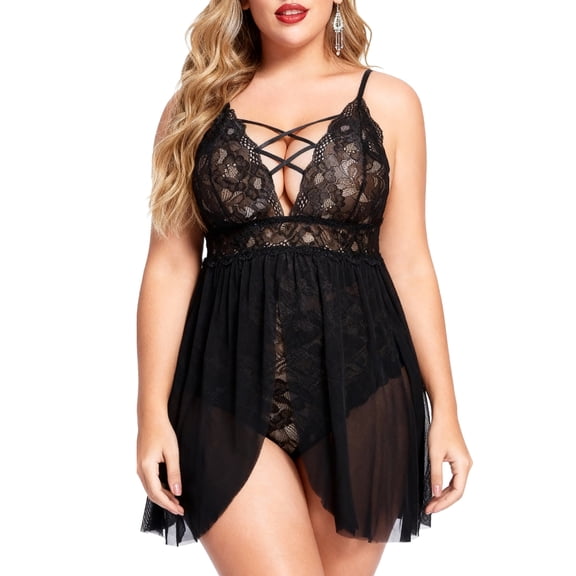 ValueVibe Plus Size Lingerie for Women Sexy Lace Criss Cross Nighty Spaghetti Strap Mesh Chemise Sleepwear, Black XL