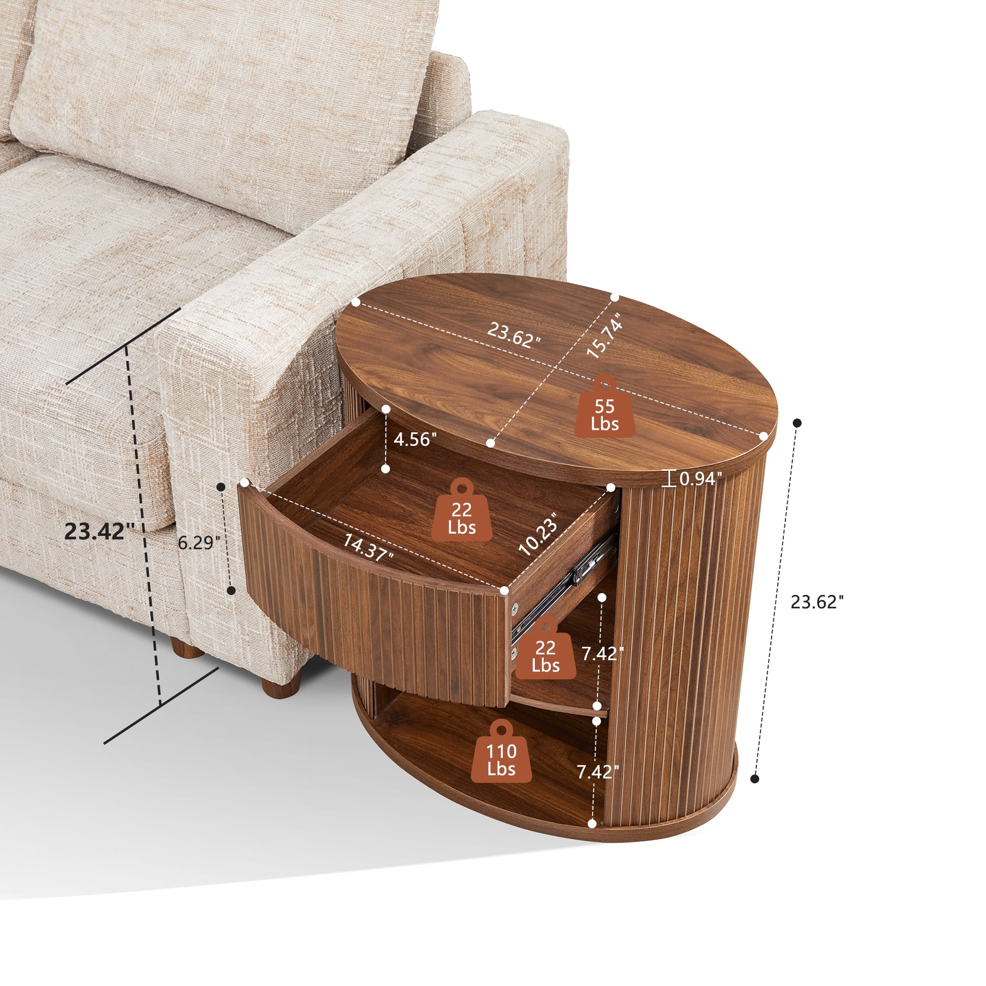 YOCWO Oval Nightstand with 1 Drawer and Adjustable Shelf for Bedroom with Carved Line Design, Round End tables for Living Room, Walnut