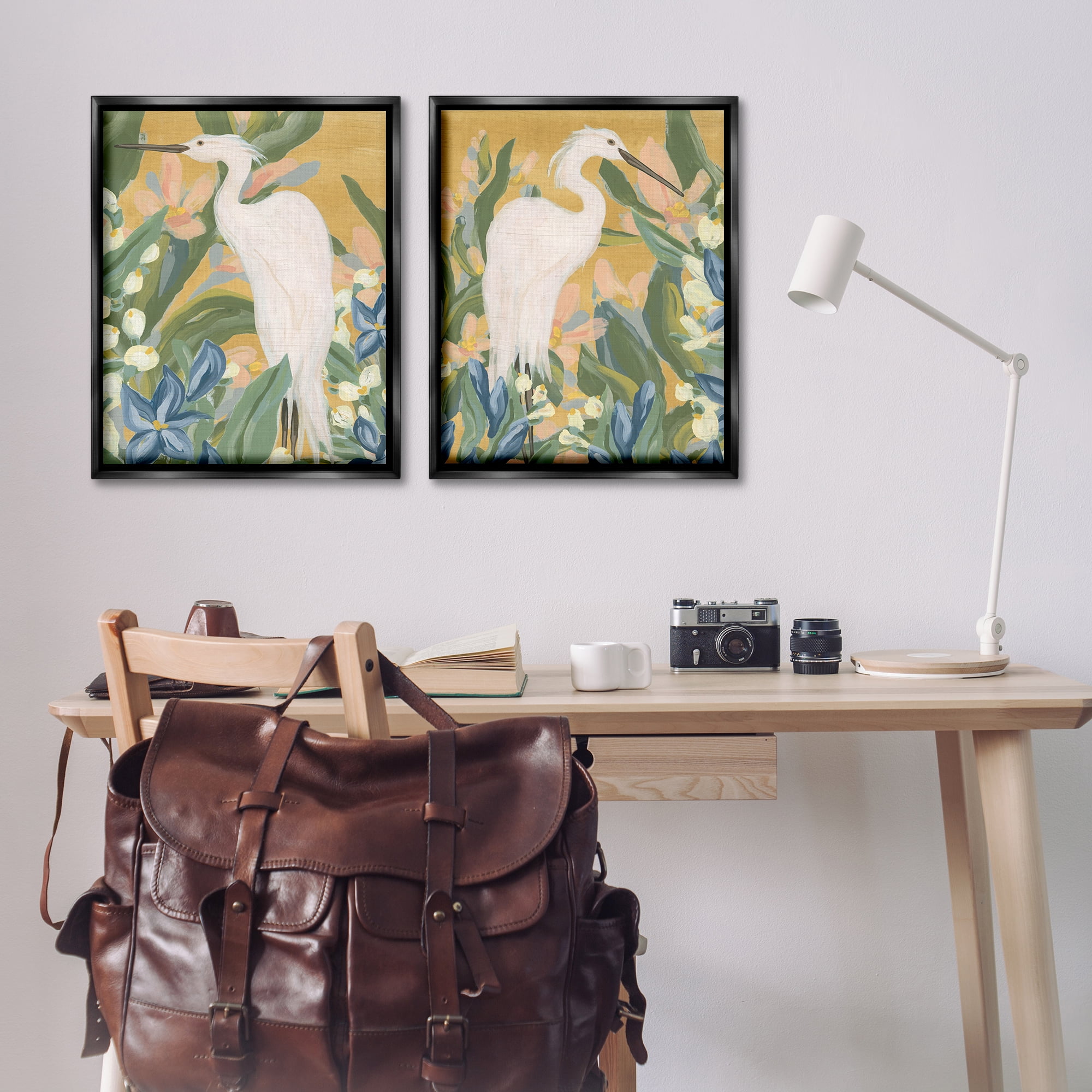 Stupell Industries Great Egret in Blooming Bushes Animals Painting Black Floater Framed Canvas Art Print Wall Art, 31 x 25, Set of 2