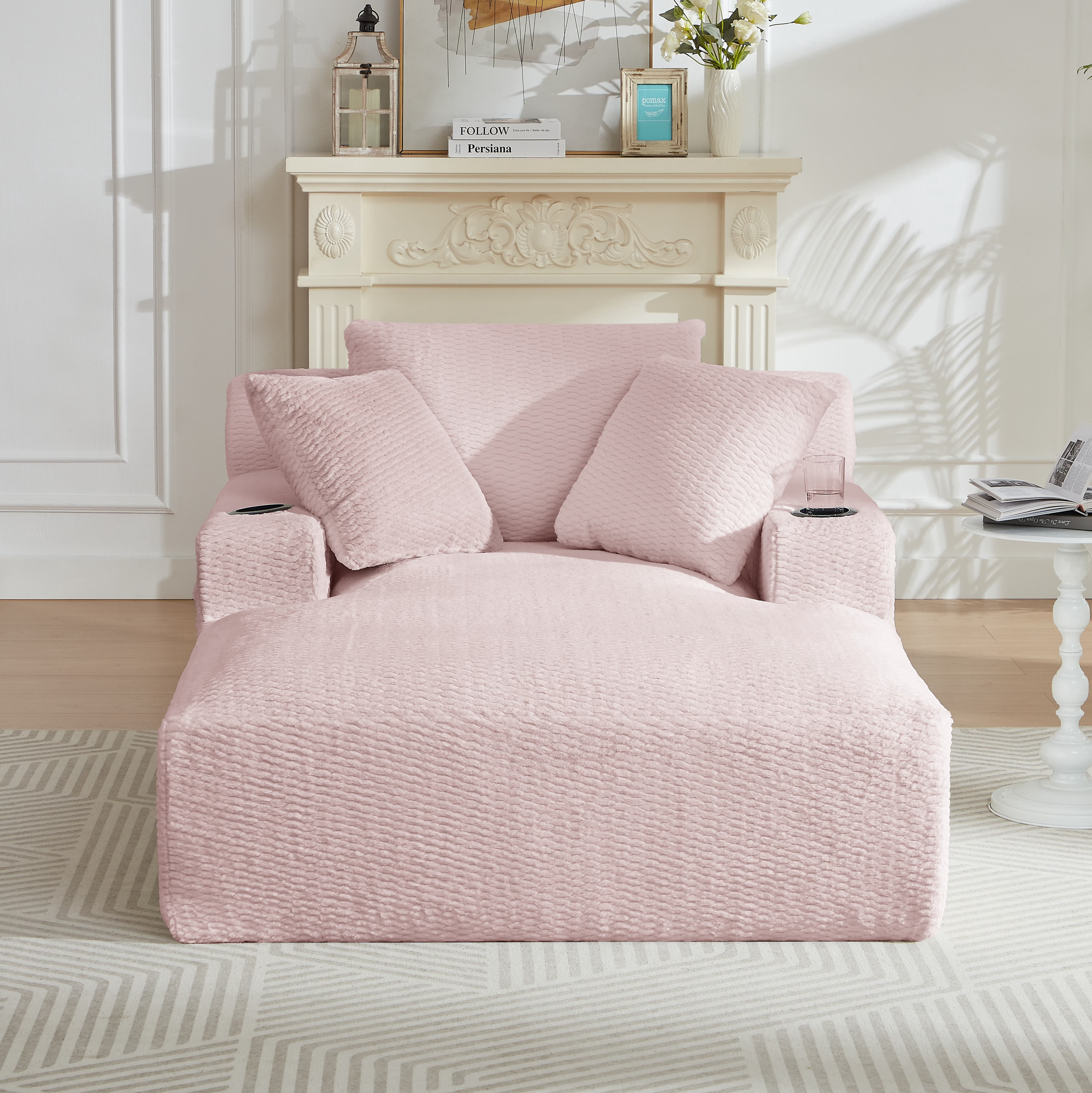 MAYEERTY Oversized Chaise Lounge Chair, Comfy Sleeper with Cup Holders for Living Room & Office, 49*66*28" Pink