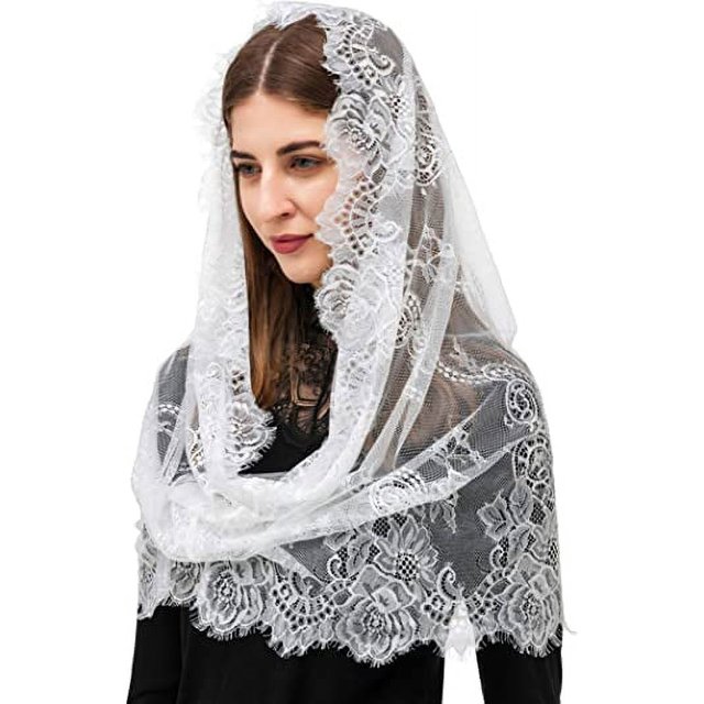 (Blanco) Estilo español Encaje Tradicional Vintage Inspirado Forma infinita Mantilla Velo Latín Mass Head Covering