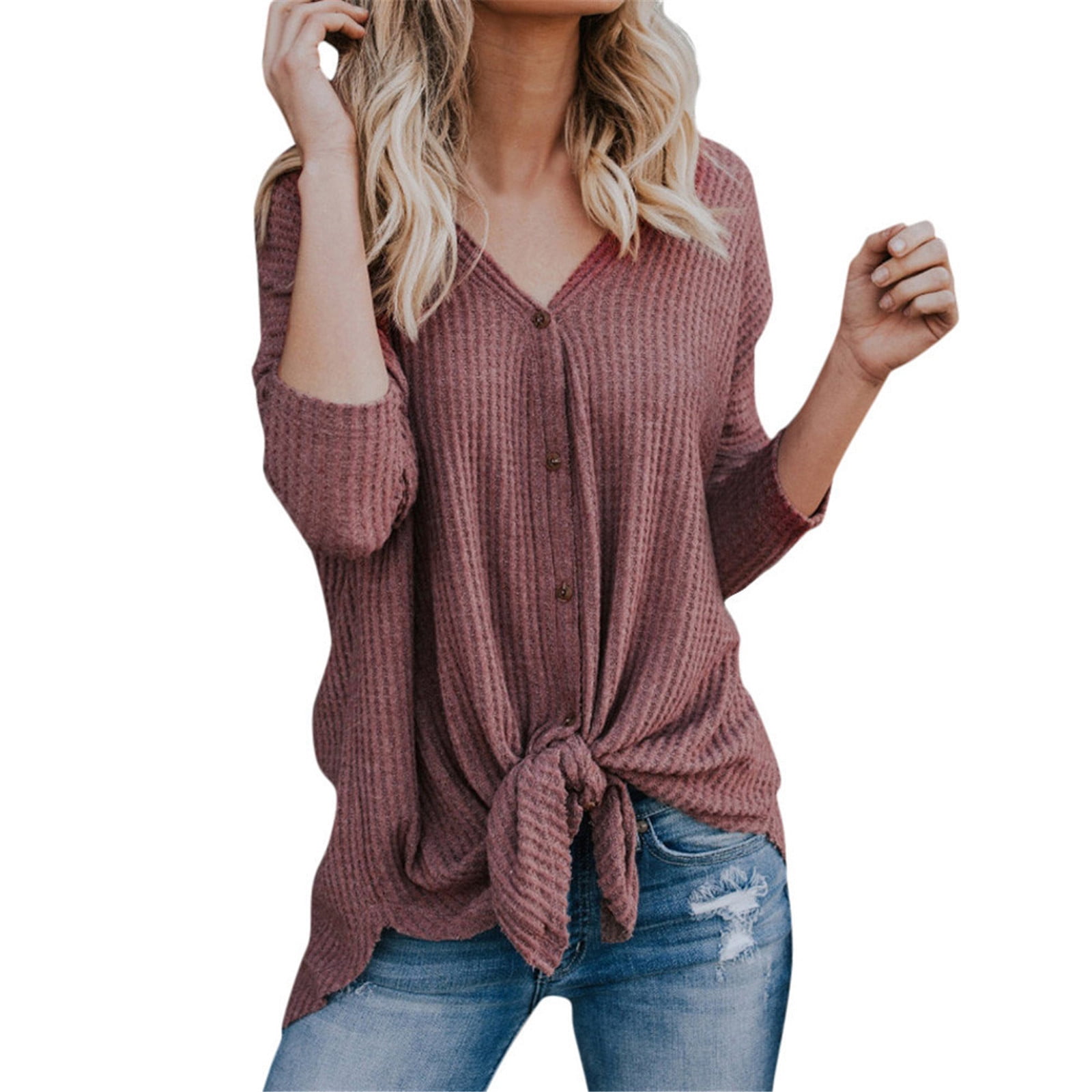 HGWXX7 Womens V Neck Solid Long Sleeve Casual Pullover Jumper Tunic Tops Sweaters 