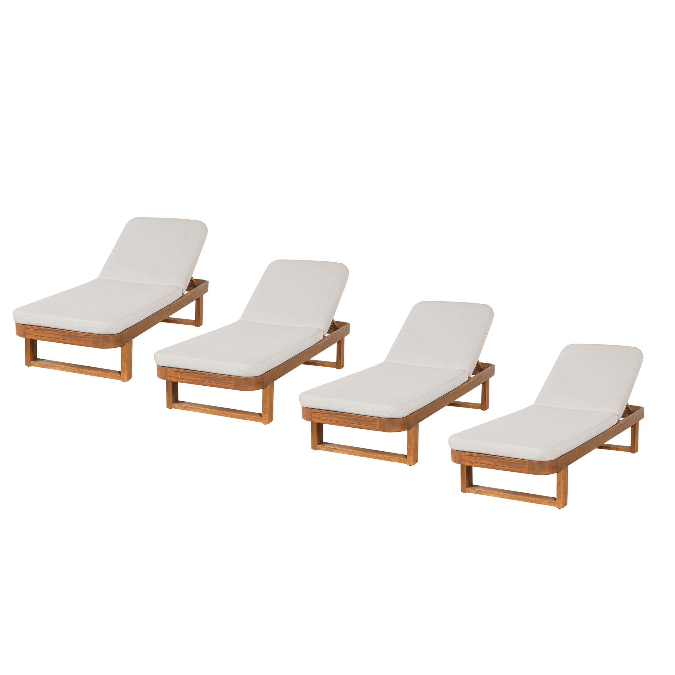 Christopher Knight Home 77" Coastal Outdoor Acacia Wood Adjustable Chaise Lounge, Sand Cushion, Set of 4