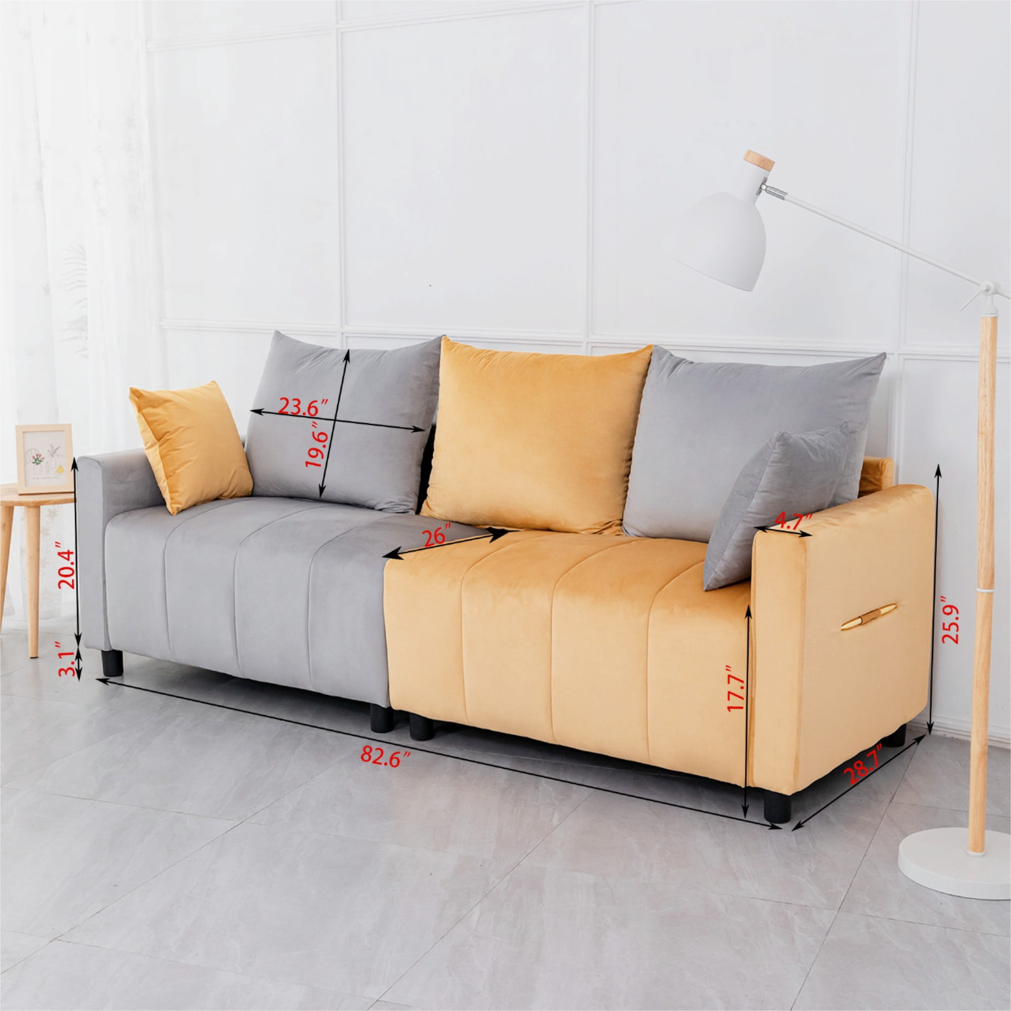 Modern Velvet Sofa Couch,3 Seater Sofa Couch with Cushion for Living Room,Light Grey & Yellow