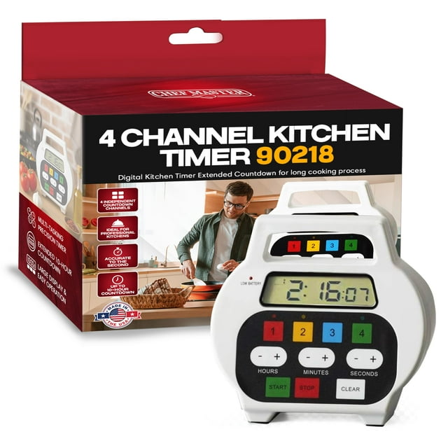 Chef Master 4-Channel Digital Kitchen Timer – Timer for Cooking, Baking & Grilling – LED Display Clock with Independent Countdown Functio
