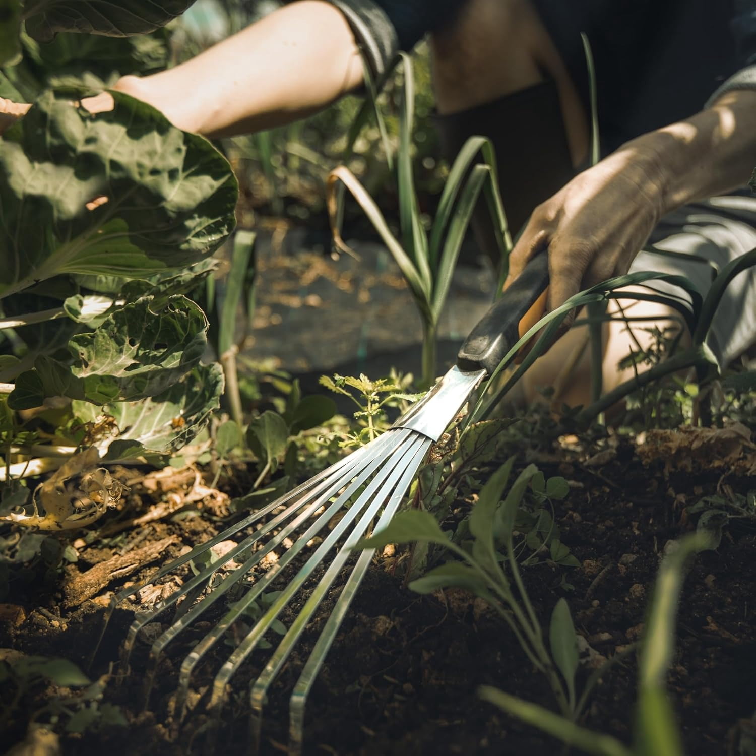 Xact Hand Rake, Heavy Duty Gardening Hand Tool with Ergonomic Handle and Hanging Hole for Storage, Stainless Steel Head and Tines, Perfect for Maintaining a Raised Garden Bed