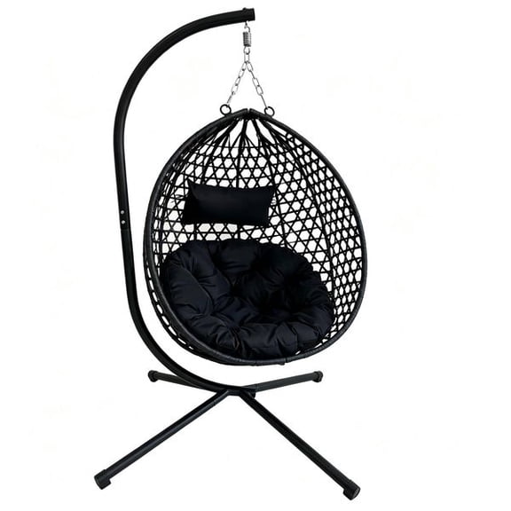 Foldable Hanging Egg Chair with Stand, HDPE Wicker Swing Chair for Indoor & Outdoor Use, Heavy Duty Steel Frame, Weather Resistant Rattan, Thick Cushion & Headrest, 350 lb Capacity, Black